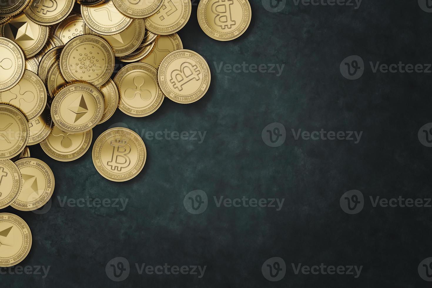 Background banner for cryptocurrency, pile of golden crypto coins photo