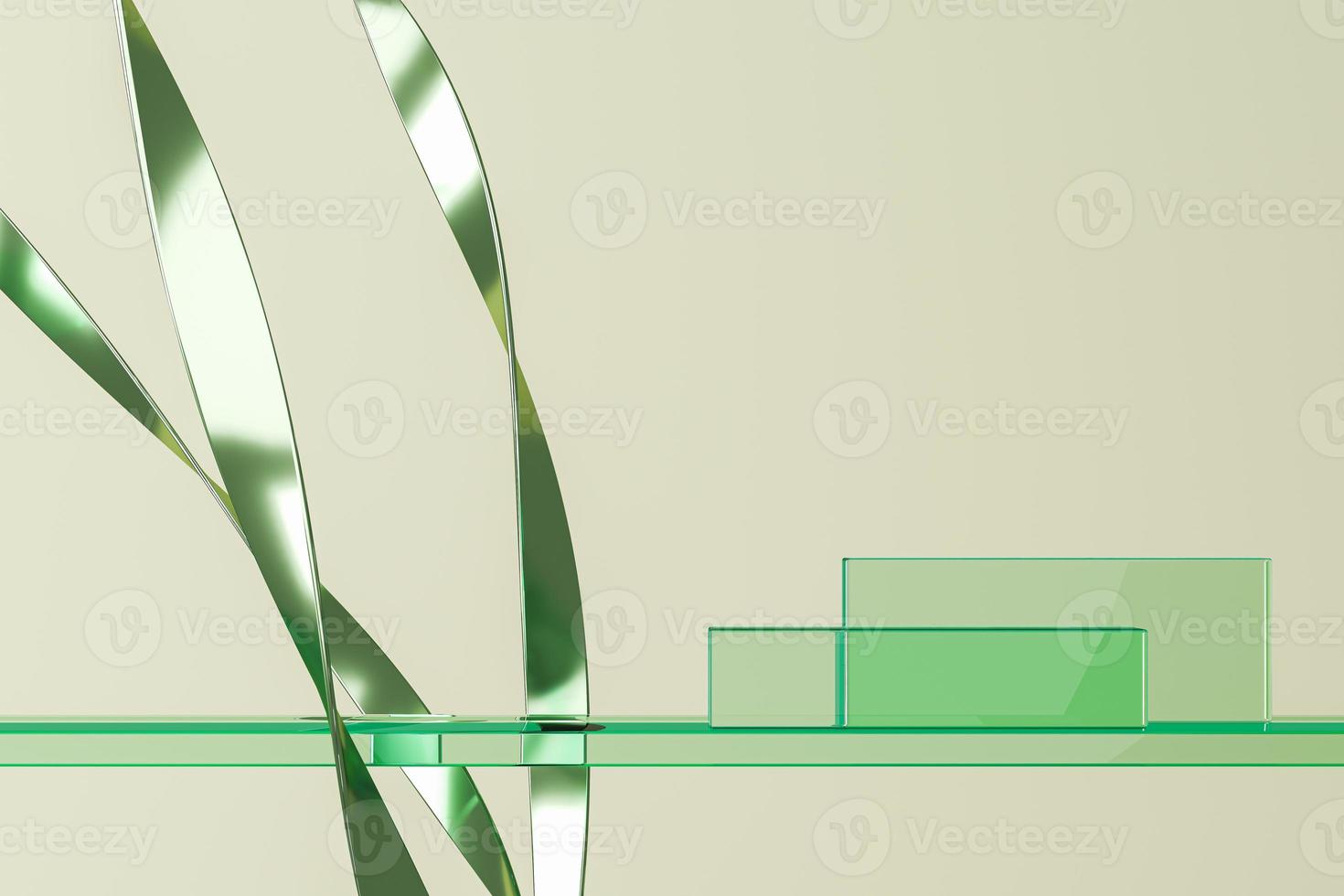 Abstract background for product presentation or branding, Green glass platform on green glass base, green metal line curve props. 3d rendering photo