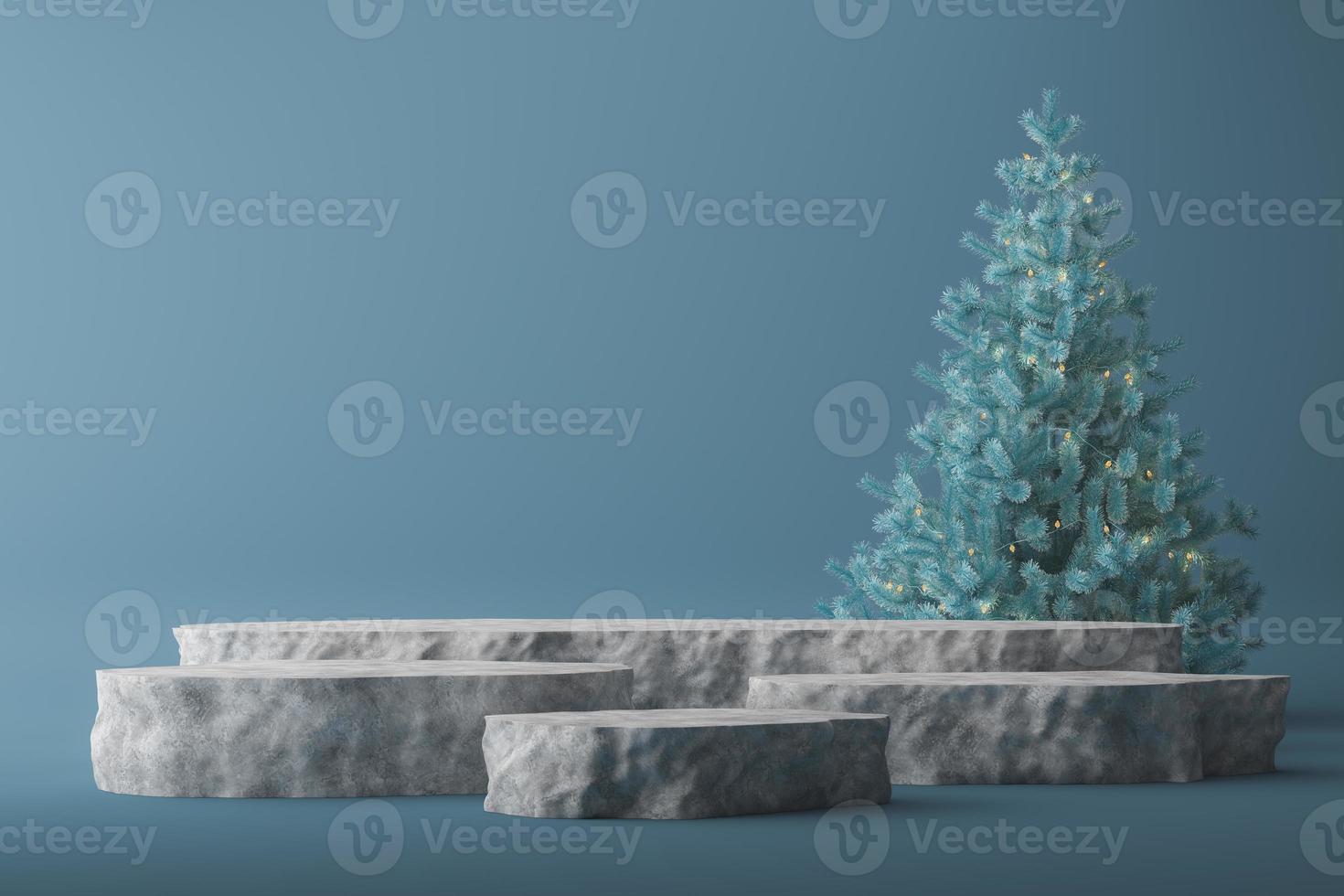 five stone podium and blue christmas tree are the blue background, abstract mockup for presentation. photo