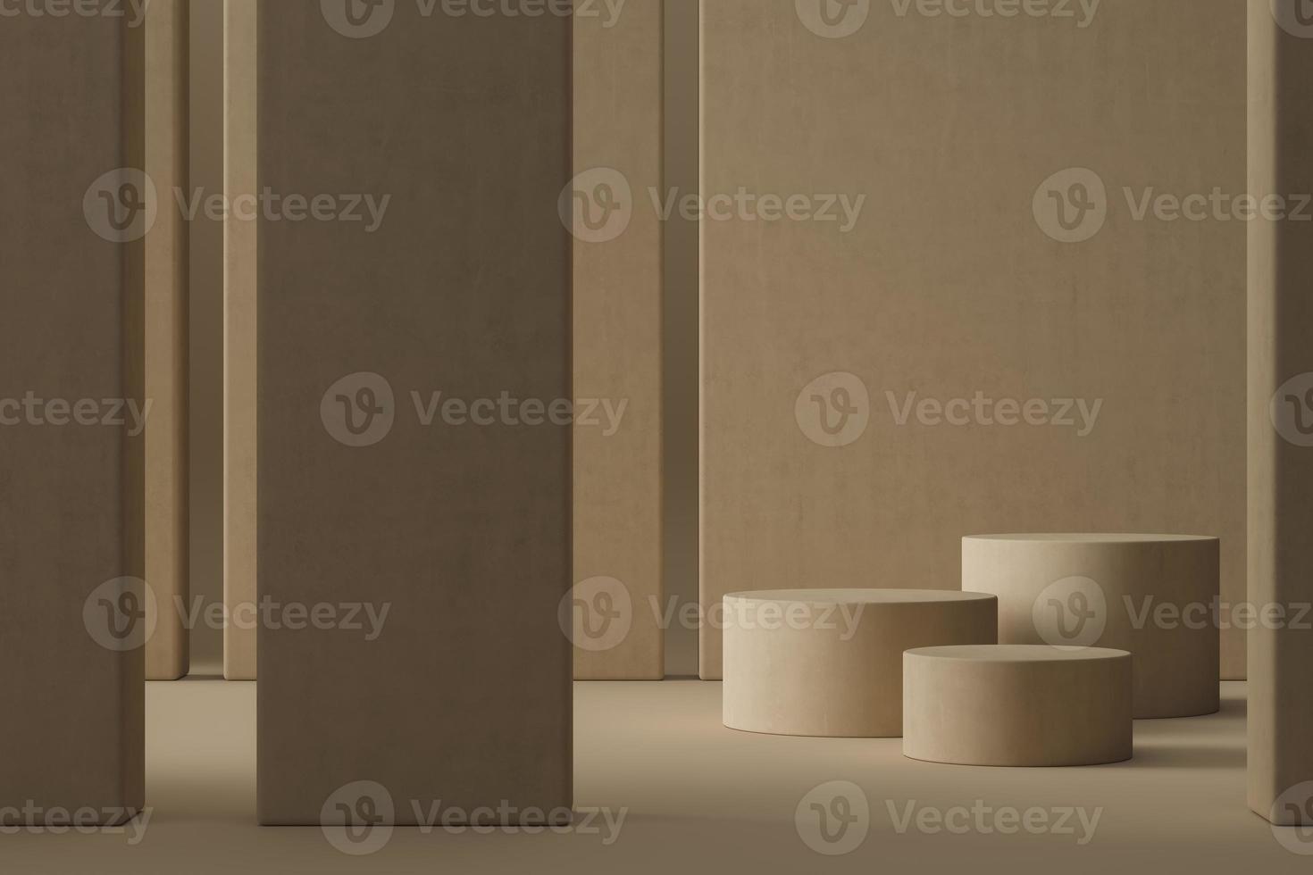 three cream cylinder podium among partition, light entering from the left side, abstract mockup scene for product or sale presentation. photo