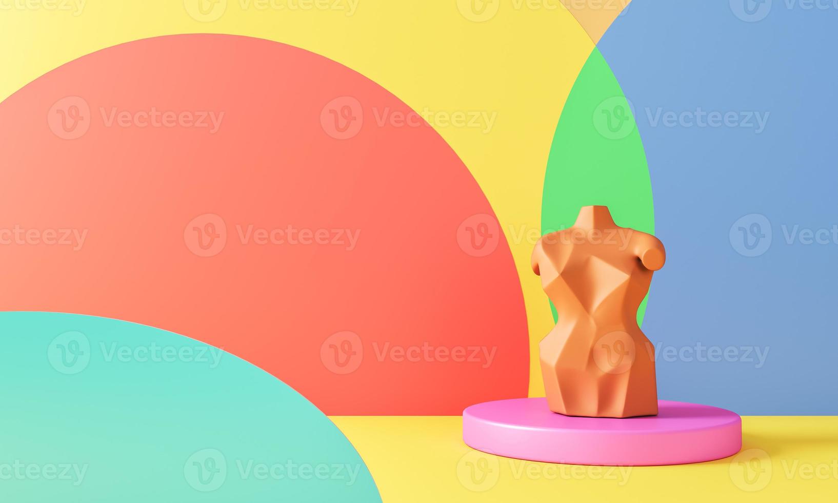Abstract mockup concept for fashion, Pink circle base and beige model on various colored circle in yellow scene. 3d rendering photo