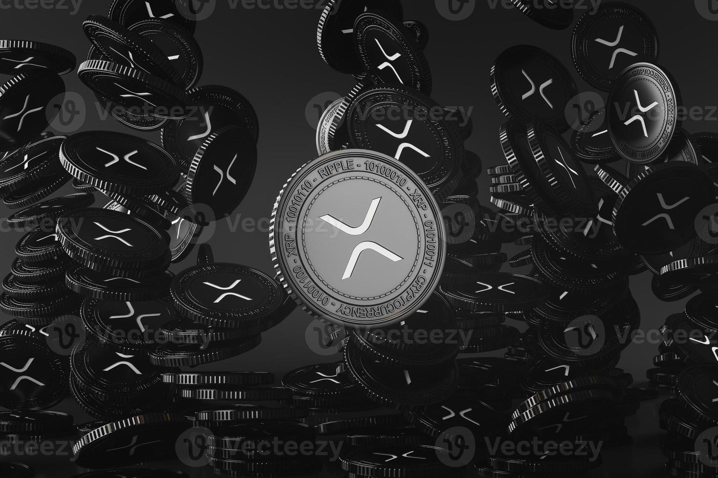 Black XRP coins falling from above in the black scene, mockup digital currency coin for financial, token exchange promoting, advertising purpose. 3d rendering photo