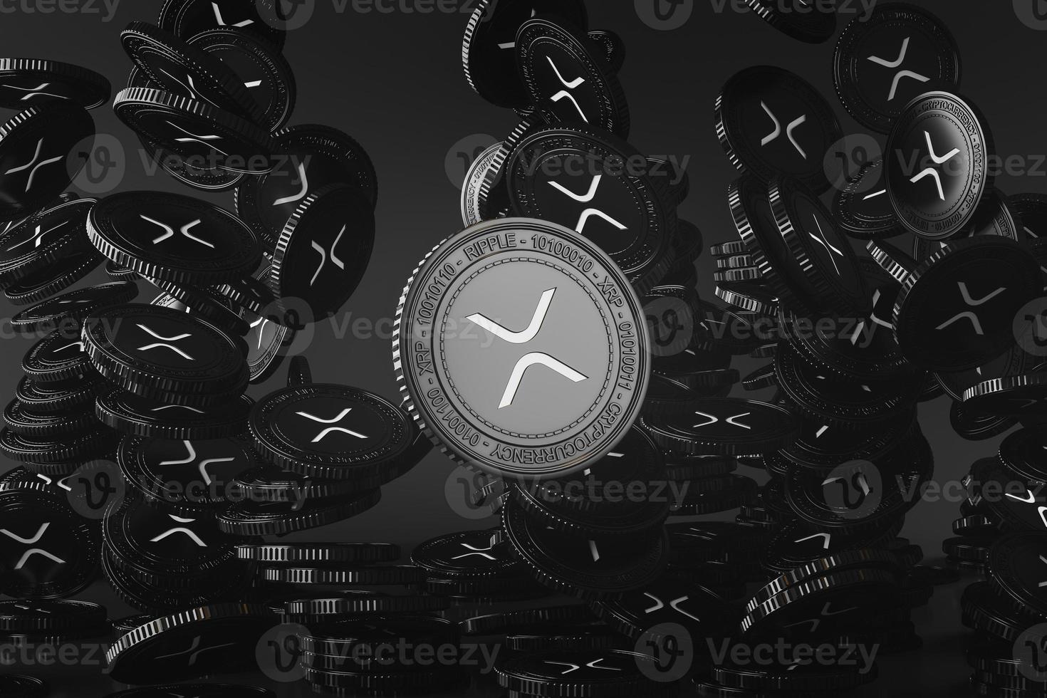 monedas xrp negras que caen desde arriba en la escena negra, maqueta de moneda digital para fines financieros, promoción de intercambio de tokens, fines publicitarios. representación 3d foto