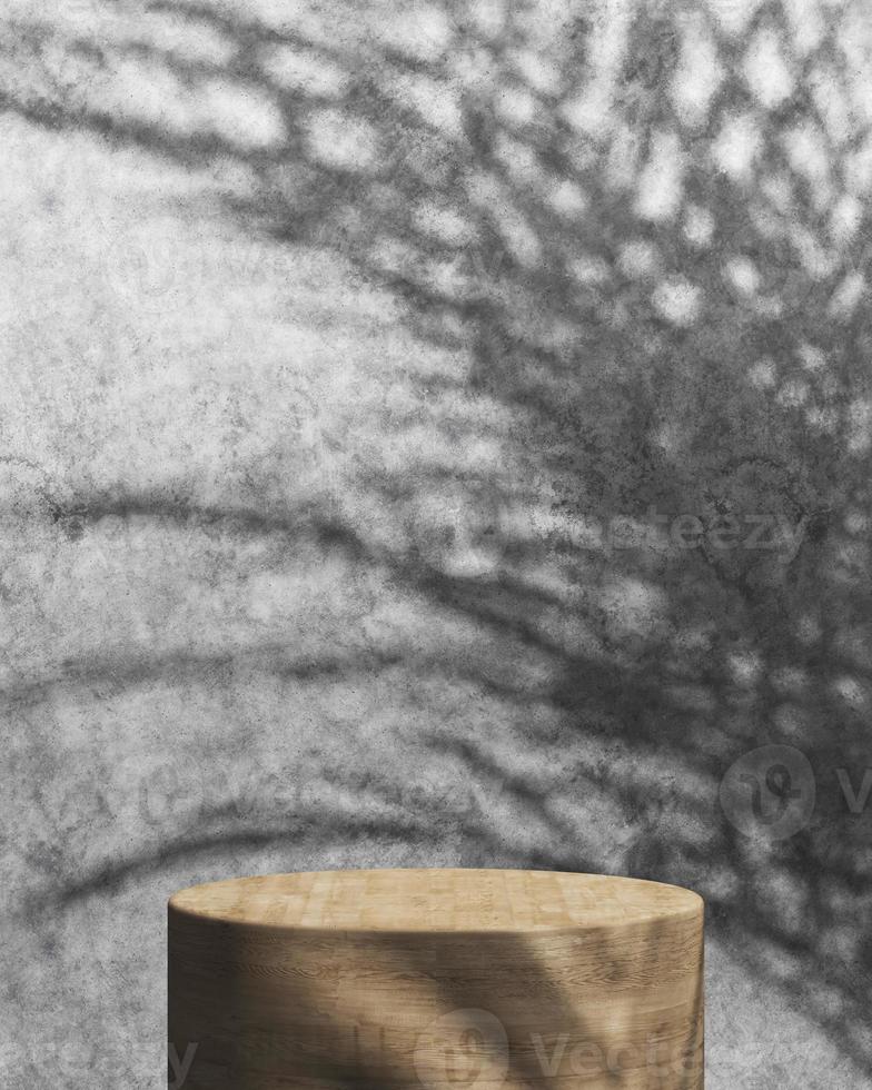 The wooden cylindrical platform and cement wall, Tropical plants shade on background, Abstract background for product presentation. 3d rendering photo