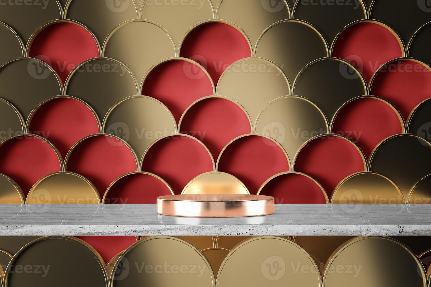 Abstract mockup concept for product presentation, The roses gold metal base on white marble, Golden fish scales artwork on red background. 3d rendering photo