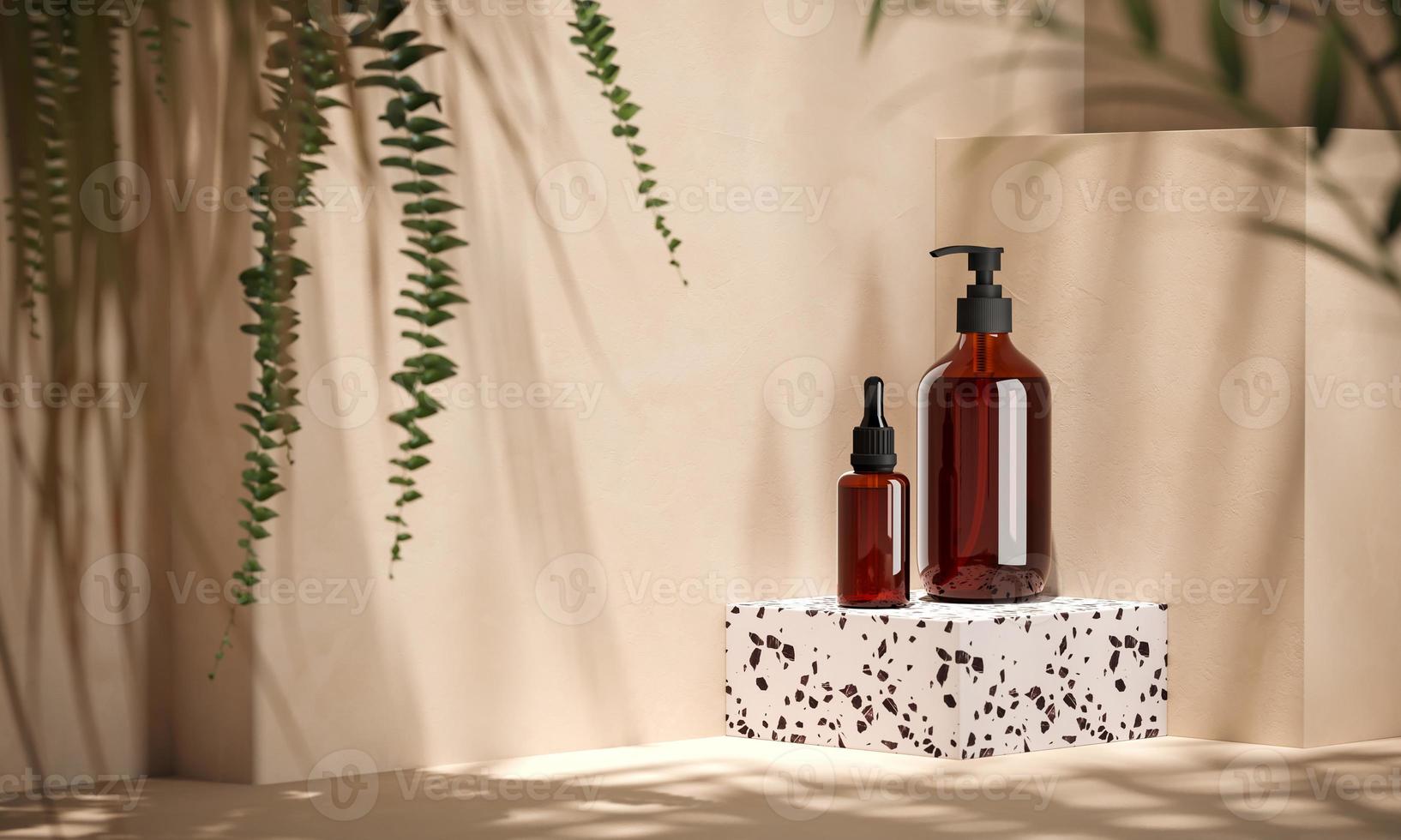 Cosmetic bottle on white terrazzo platform, blur plants foreground. background for cosmetic presentation or ads. 3d rendering photo