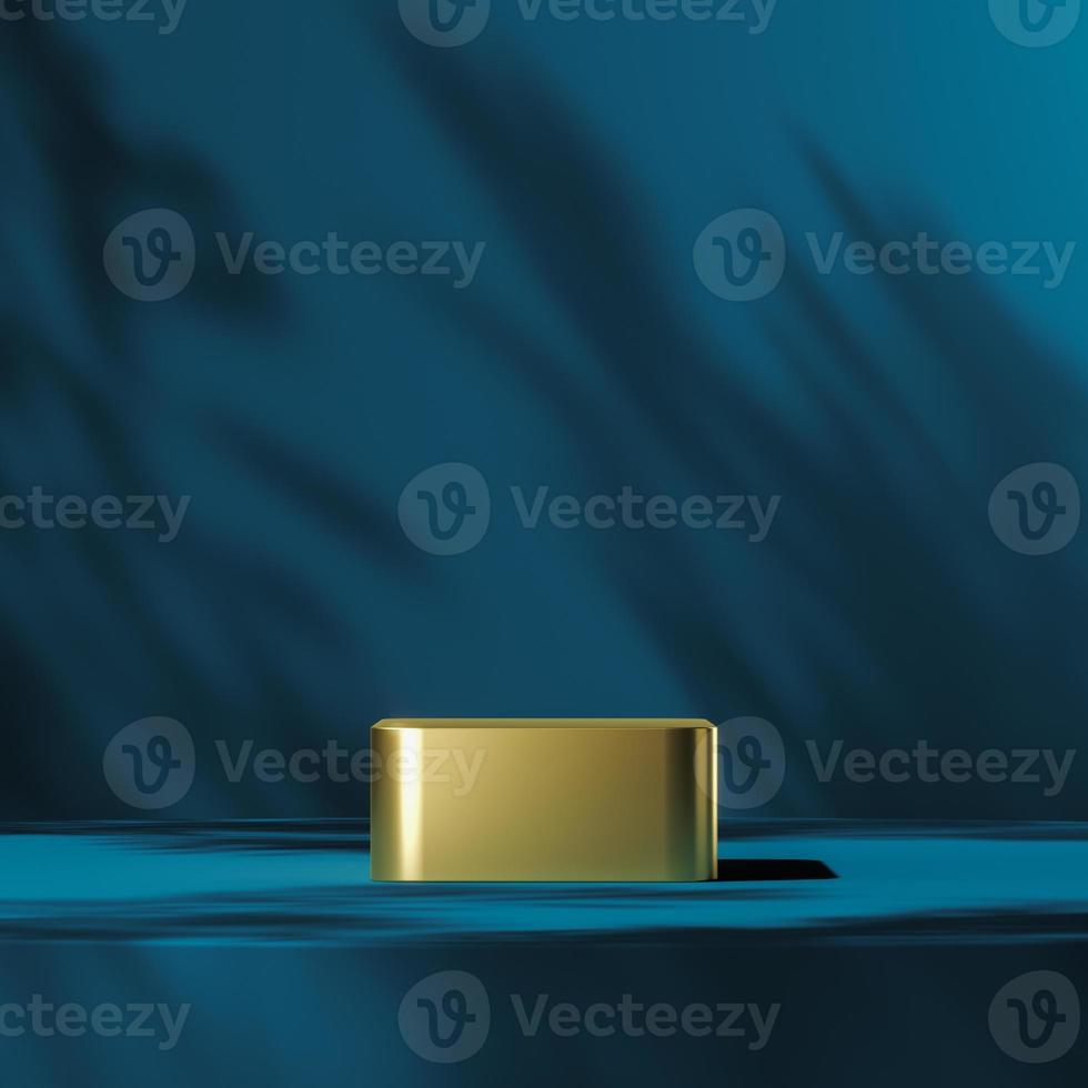 The gold podium on blue scene mockup plants shade on background, abstract background for product presentation or ads. 3d rendering photo