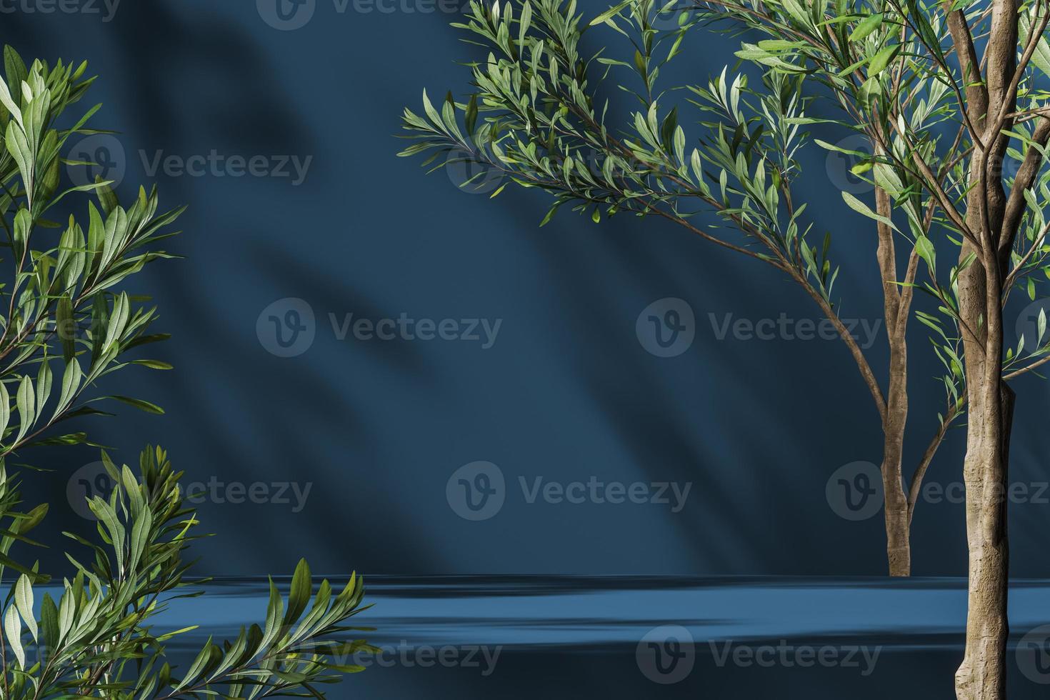 Blue platform on Plants foreground and plants shade on background, abstract background for product presentation or ads. 3d rendering photo