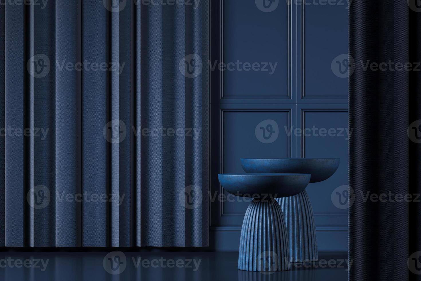 Two dark blue side table on blue classic interior mockup scene, abstract background for product or presentation. 3d rendering photo
