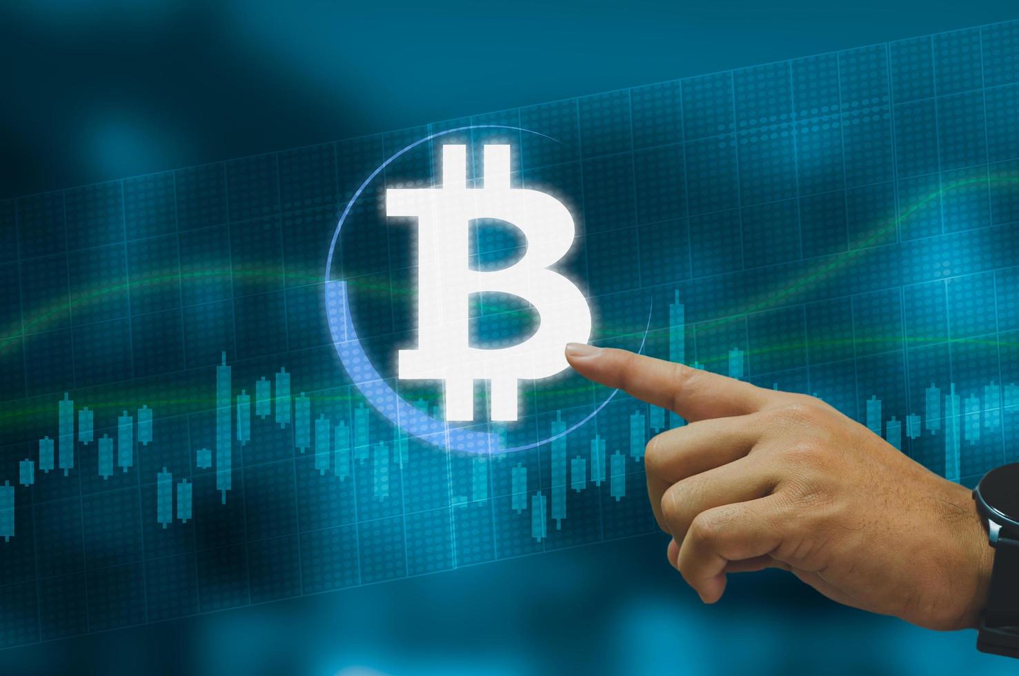 Hands touch bitcoin blockchain cryptocurrency for exchange in the future.Digital money exchange Technology global network connections background concept. photo