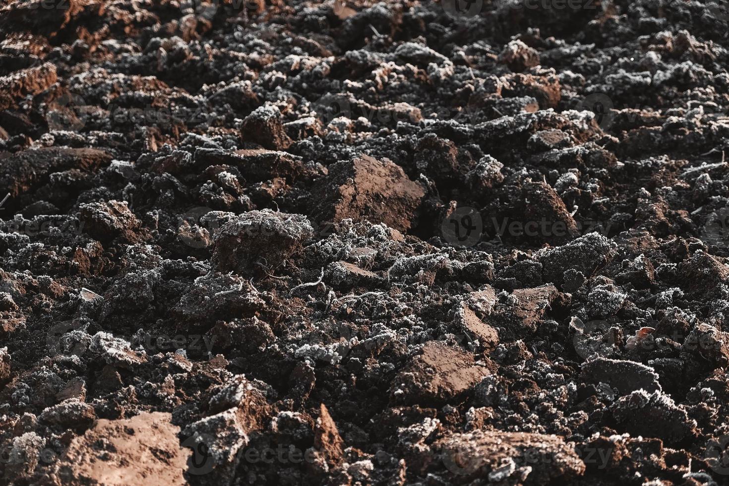 Frozen ground with hoarfrost on a farm field. Focus on frozen soil. Copy, empty space for text. Weather forecast and development time strategy for sowing growing crops photo