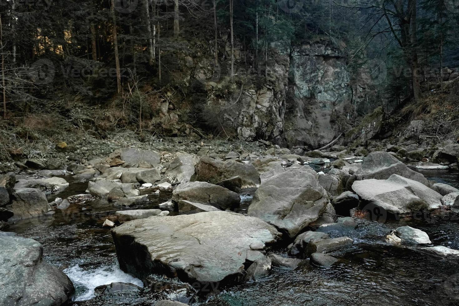 Mountain river among rocks and forest. Beautiful mountain landscape. Copy, empty space for text photo