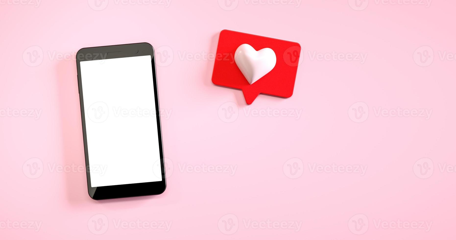 Mobile phone mockup with a like notification at pink background. 3d rendering photo