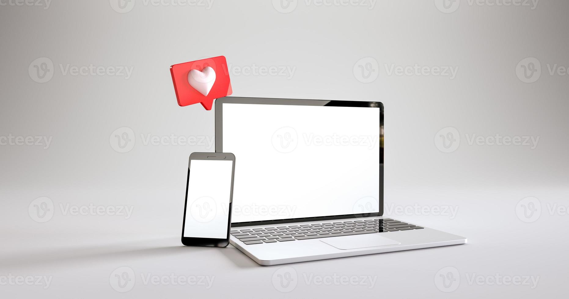 Mobile phone and laptop mockup with a like notifications at white background. 3d rendering photo