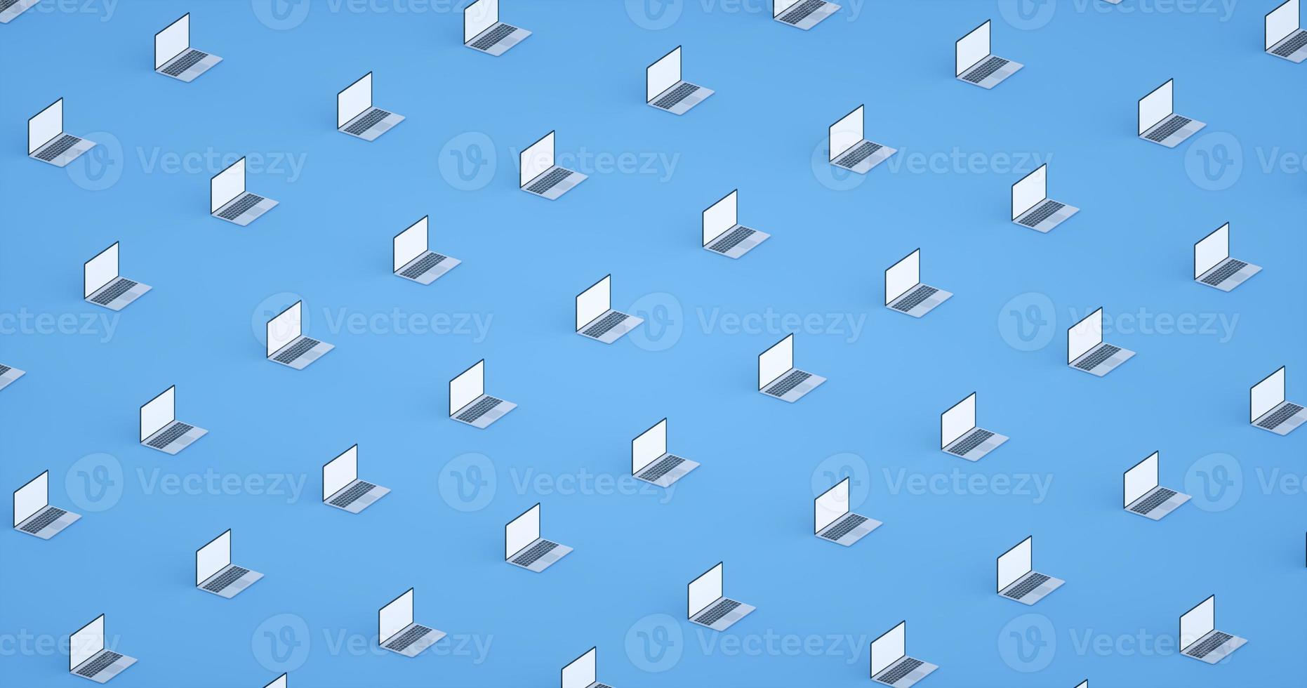 3D render. Set of many open computers laptop on light blue background. Isometric view photo