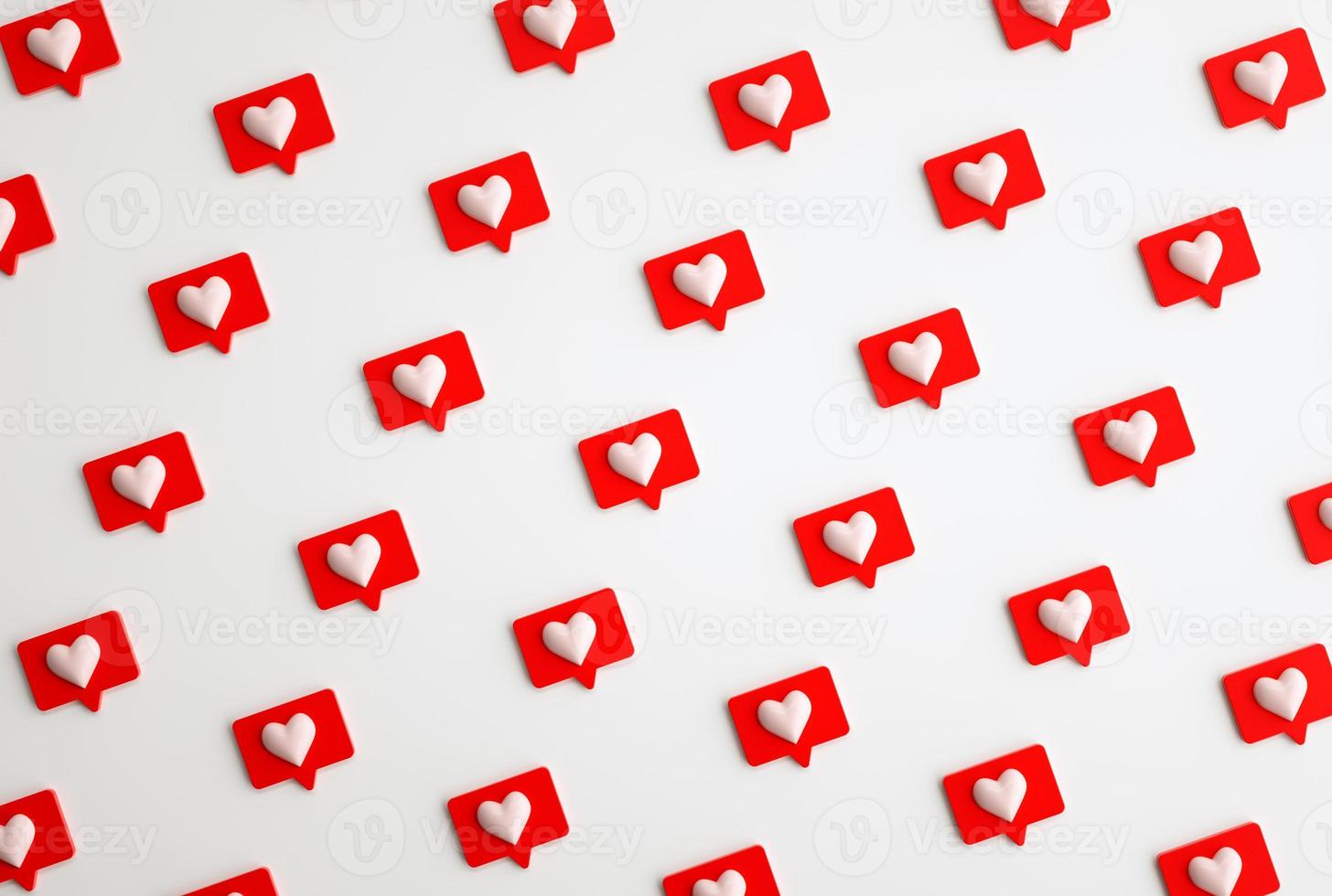 Many 3d social media notifications Love like heart icon in red rounded square pin pattern. 3d render photo