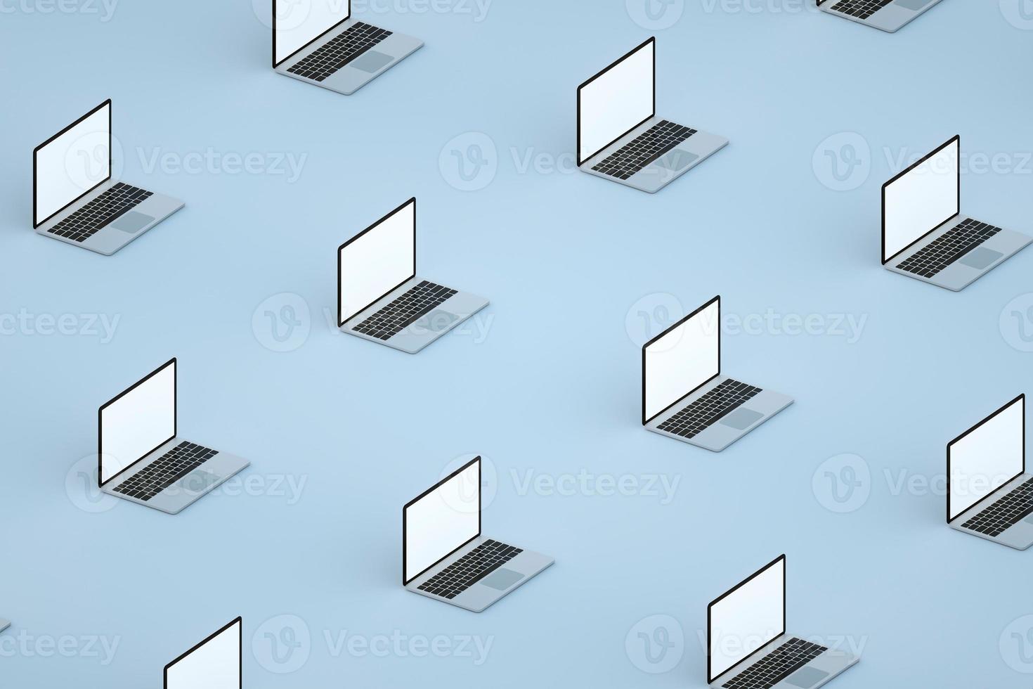 Mockup set of many open laptop on blue background. Isometric view. 3d render photo