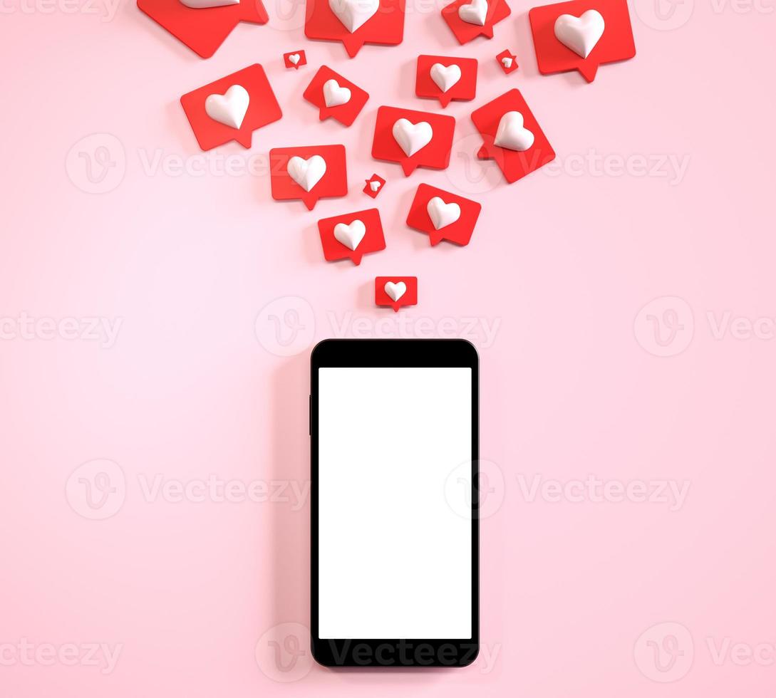 Mobile phone mockup blank screen with many social media like notifications. 3D render photo