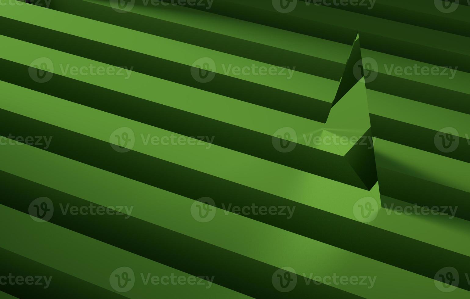 Geometric triangle shaped mirror over a green stripe. Abstract background concept, 3d render photo