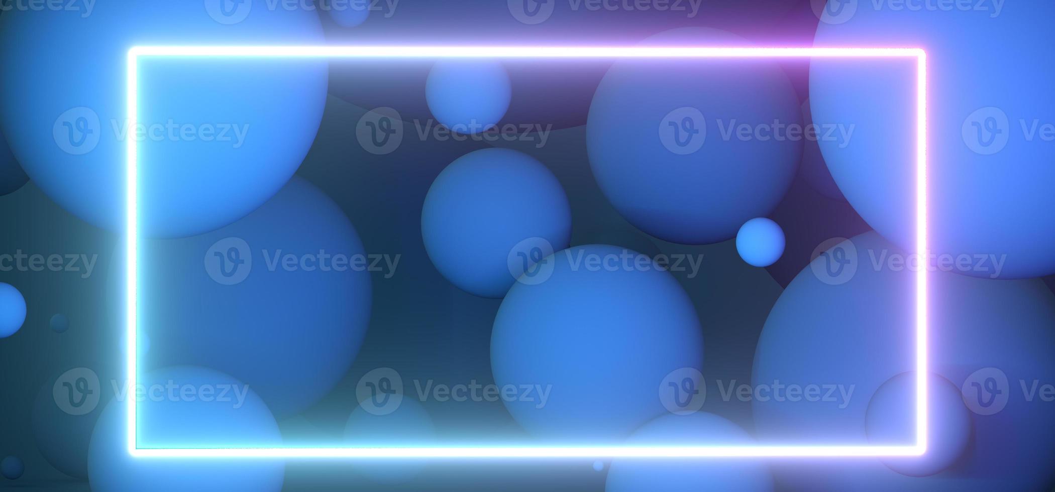 Particles floating in blue studio. Light neon frame. empty space for design. 3D rendering. photo