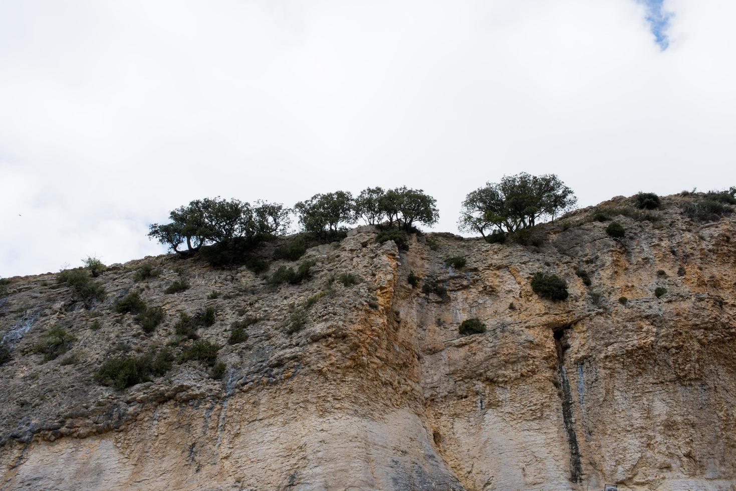 Huge rock with some trees on top, seen from below. San Pantaleon de la Losa, Merindades Burgos, Spain photo