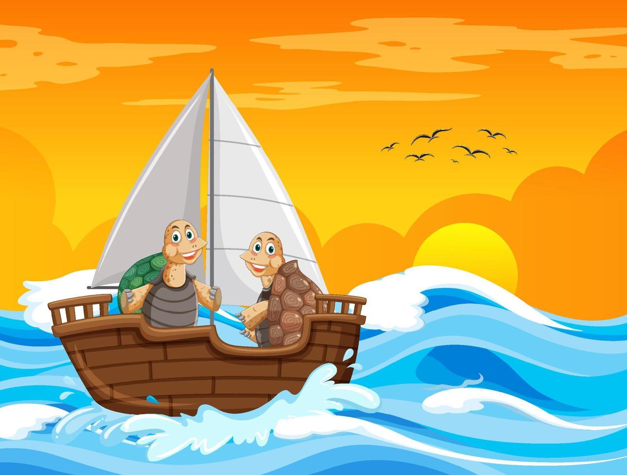 Ocean scene with tortoises on a sailboat vector