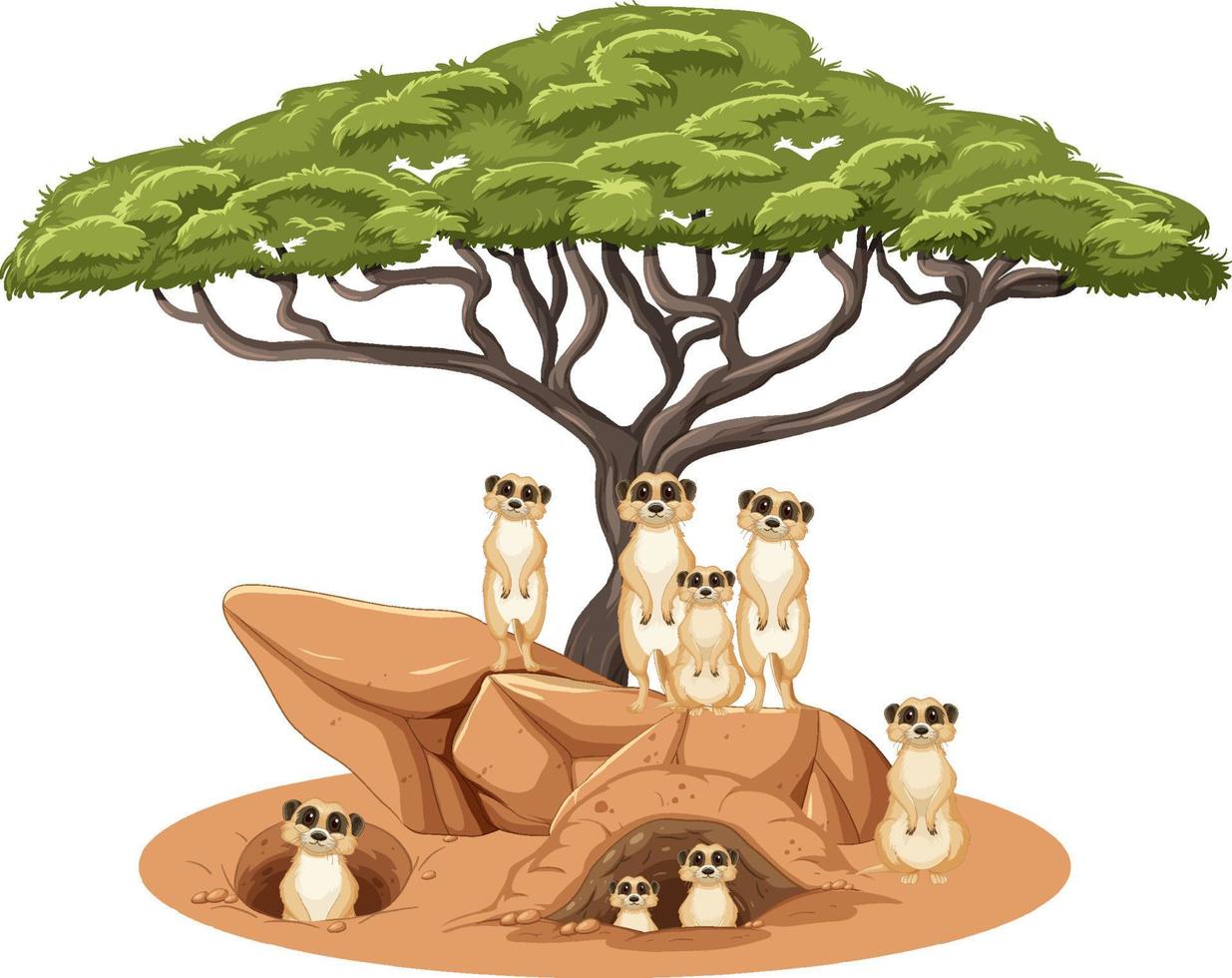 bosque de sabana aislado con suricatas vector