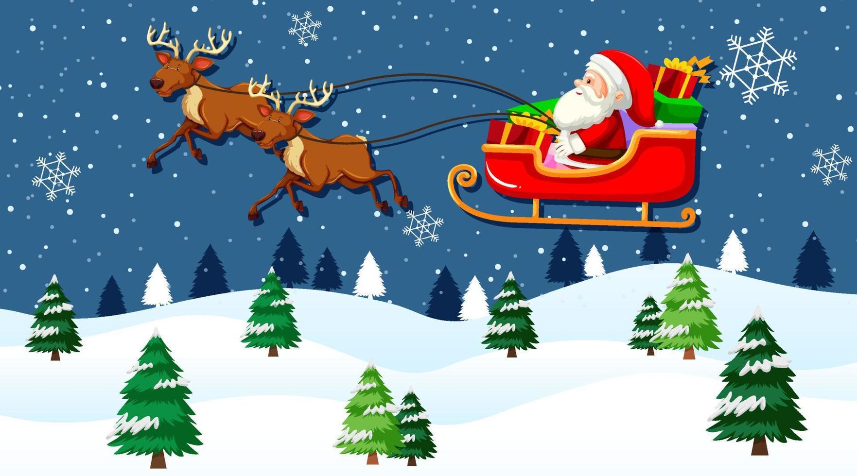 Santa Claus on sleigh with reindeer flying in the sky at night vector