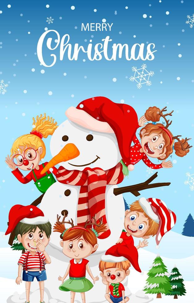 diseño de cartel de feliz navidad con niños y muñeco de nieve vector