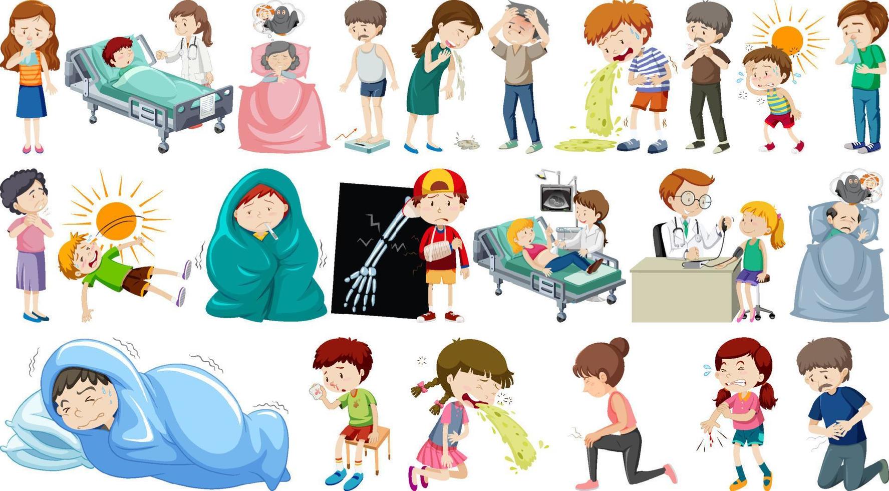 Set of sick people with different symptoms vector