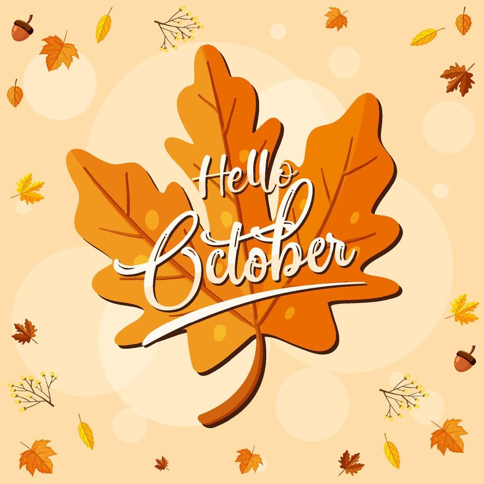 Hello October logo with ornamental autumn leaf vector