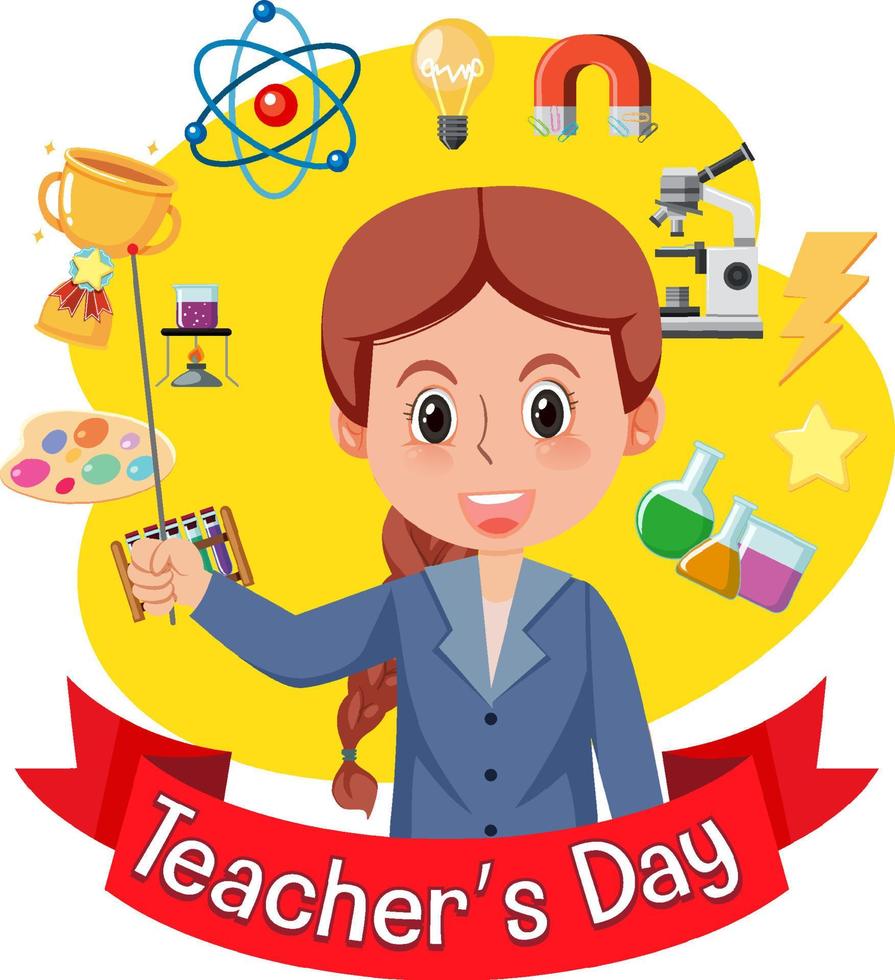 Teacher's Day with a female teacher and school objects vector
