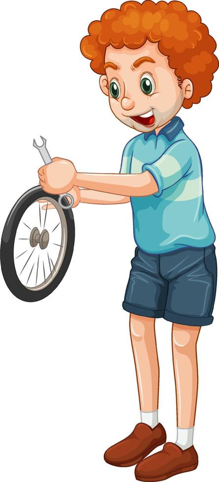 A boy holding a wrench on white background vector