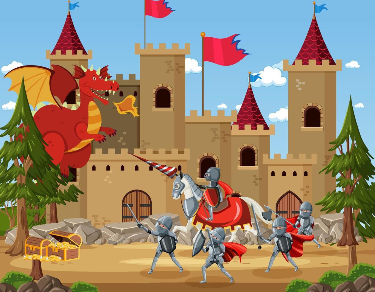 escena medieval con caballeros luchando con dragón antiguo vector