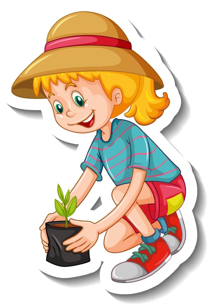 plantilla de etiqueta con una niña plantando un arbolito aislado vector