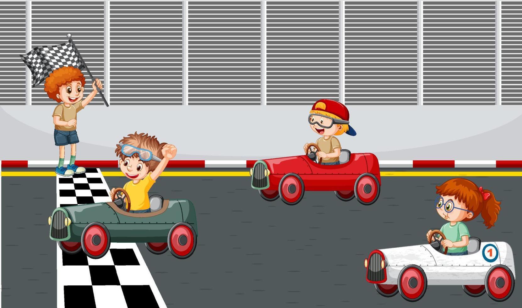 Soapbox derby scene with children racing car vector