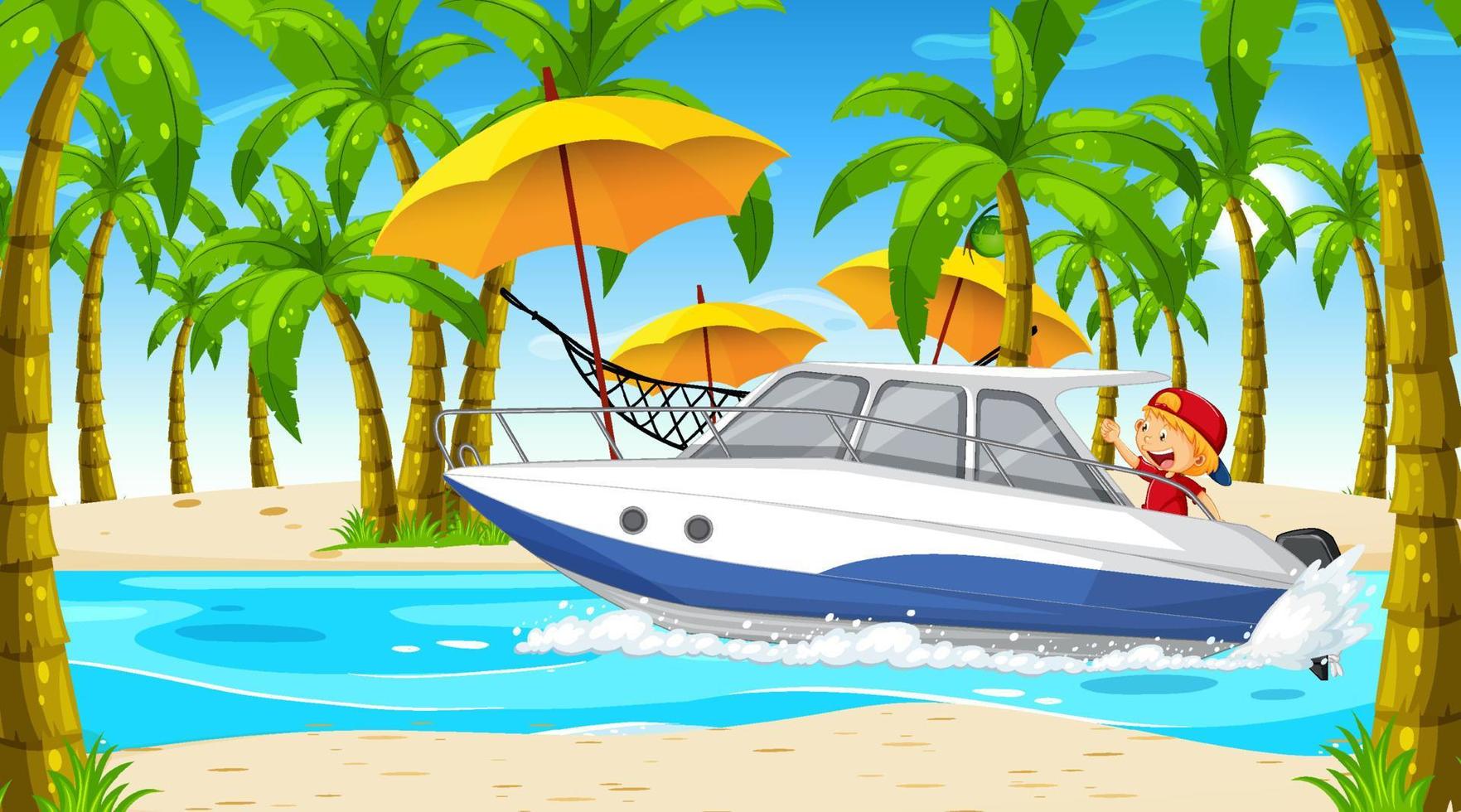 Ocean scenery with a boy on speedboat vector