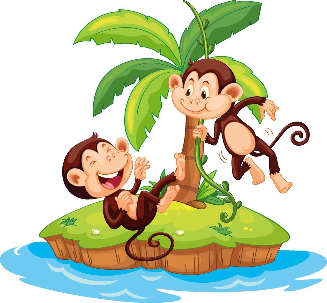 Two cute monkeys cartoon character on isolated island vector