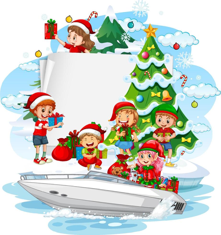 Banner vacío con niños en tema navideño. vector