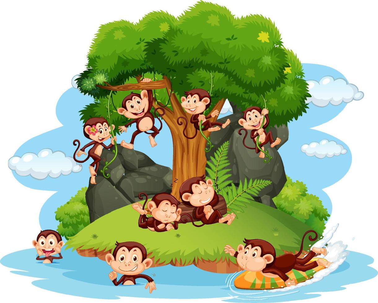 Isolated island with many monkeys cartoon vector