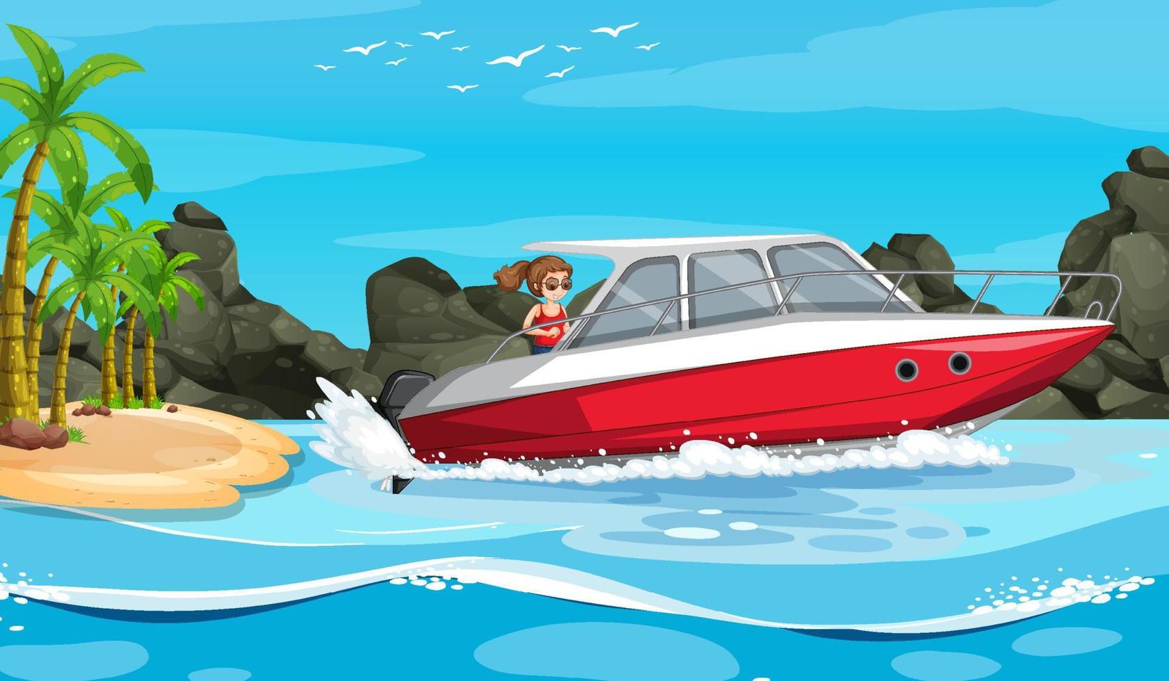 Ocean scenery with a woman on speedboat vector