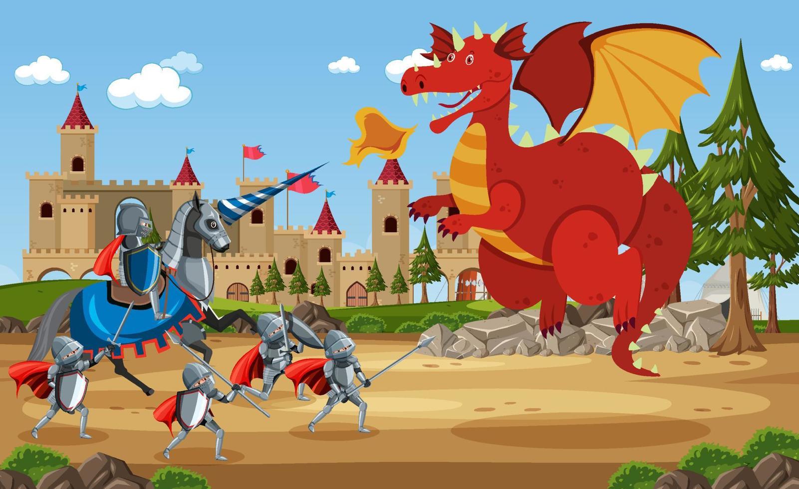 Medieval warriors fighting with ancient dragon vector