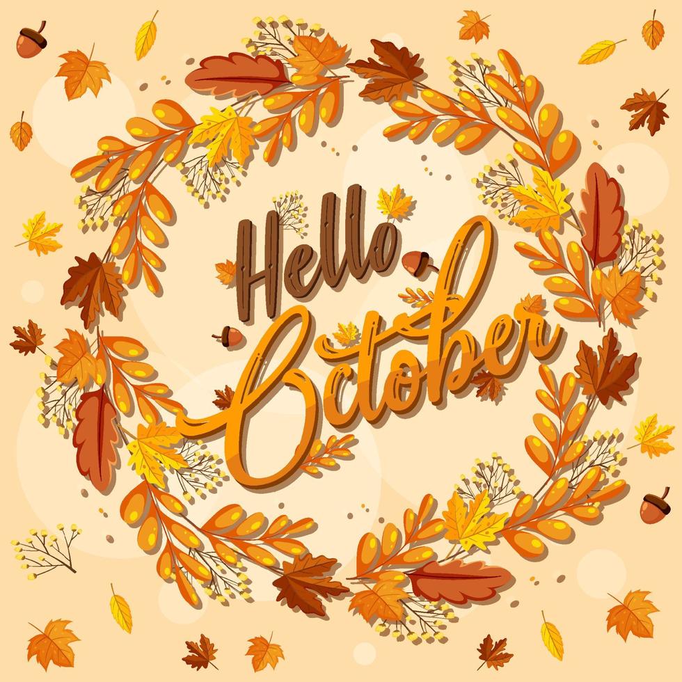 Hello October logo with ornamental autumn leaf vector