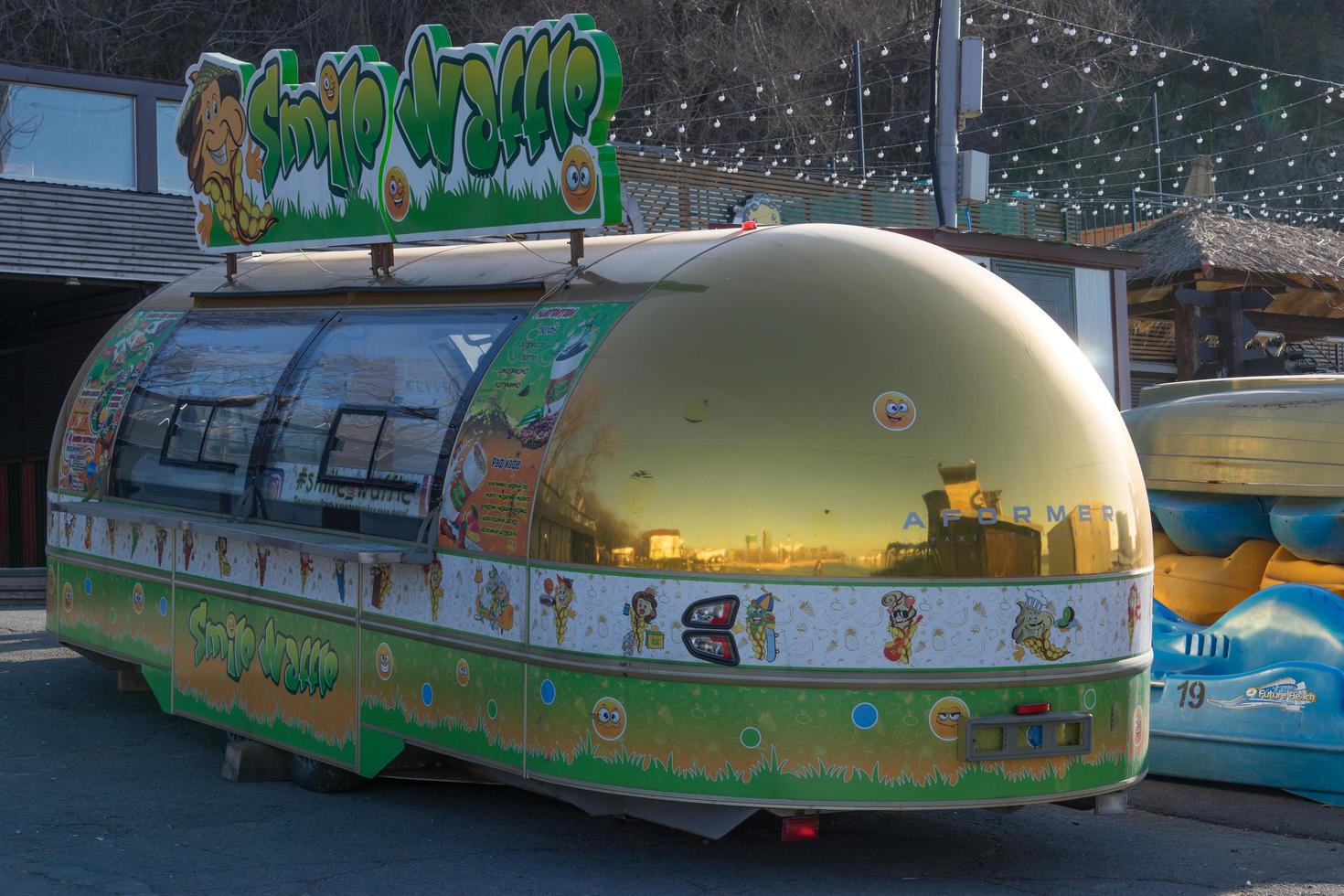 Vladivostok, Russia-December 1, 2018-Street food kiosk on the city's waterfront. photo