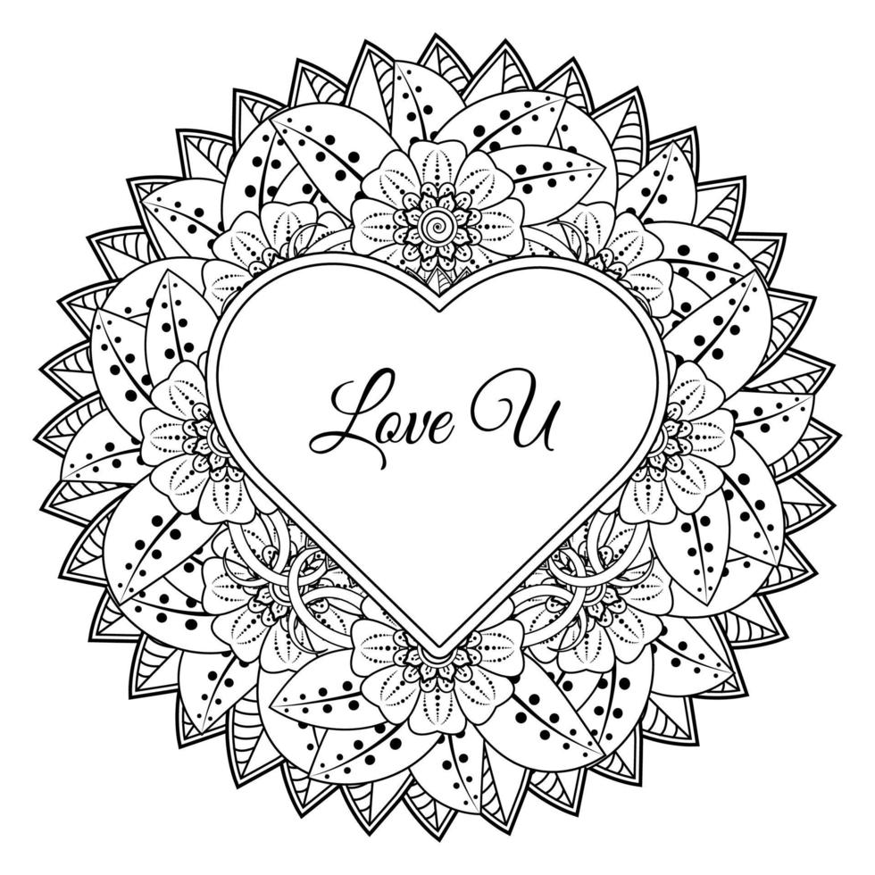 Mehndi flower with frame in shape of heart. decoration in ethnic oriental, doodle ornament. vector