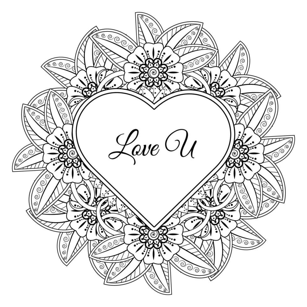 Mehndi flower with frame in shape of heart. decoration in ethnic oriental, doodle ornament. vector