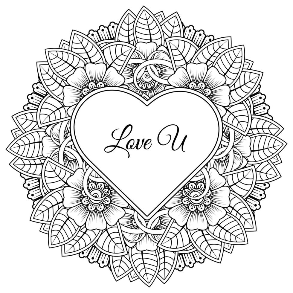 Mehndi flower with frame in shape of heart. decoration in ethnic oriental, doodle ornament. vector