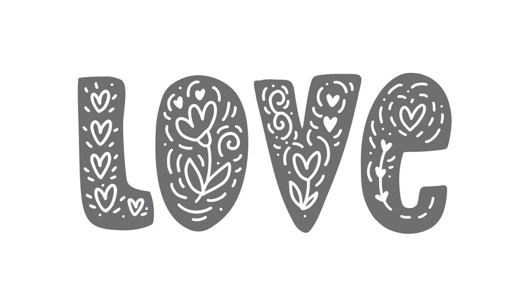 Love Vector hand drawn scandinavian lettering word. Modern brush flourish valentine text for blogs and social media. Inspiration quotes for photo overlays, greeting card, print, poster