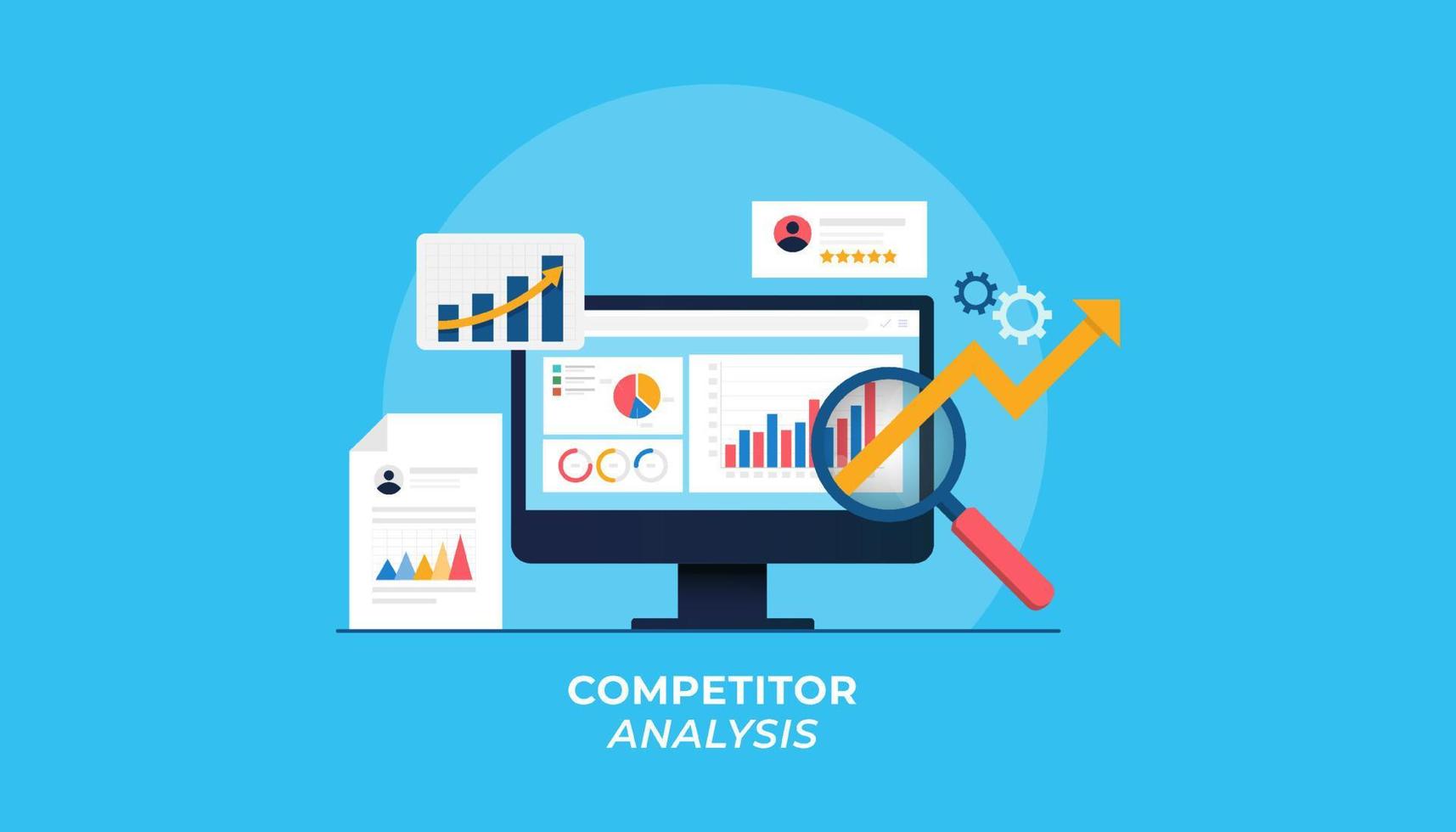 Concept of competitor analysis, marketing data analysis, data driven marketing, Business strategy analysis flat vector banner isolated on blue background