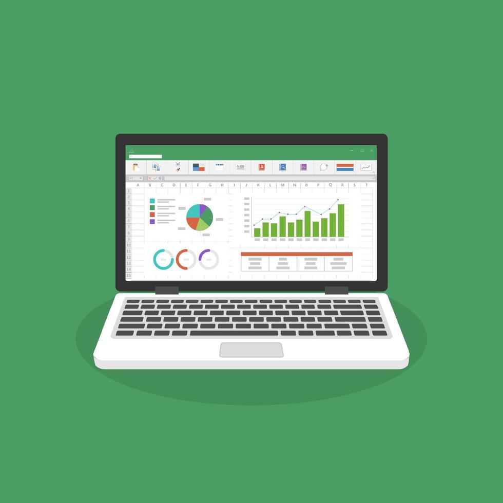 Spreadsheet on Laptop screen flat icon. Financial accounting report concept. office things for planning and accounting, analysis, audit, project management, marketing, research vector illustration.